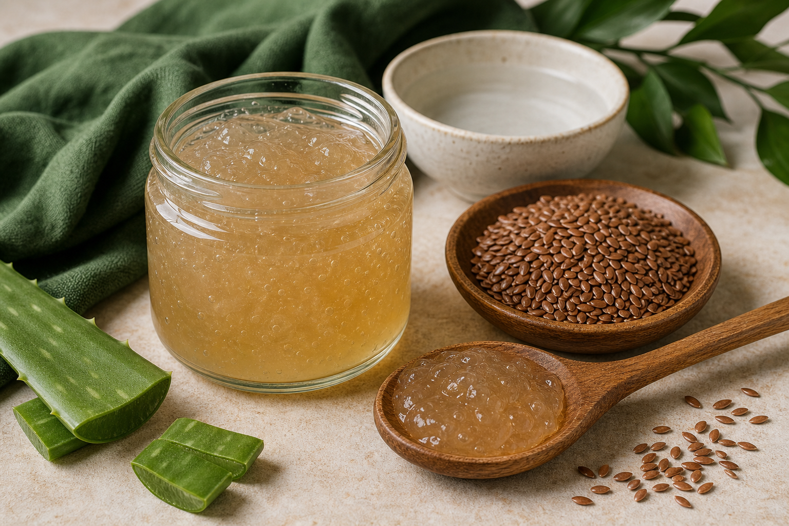 Homemade flaxseed gel in a glass jar with flaxseeds and aloe.